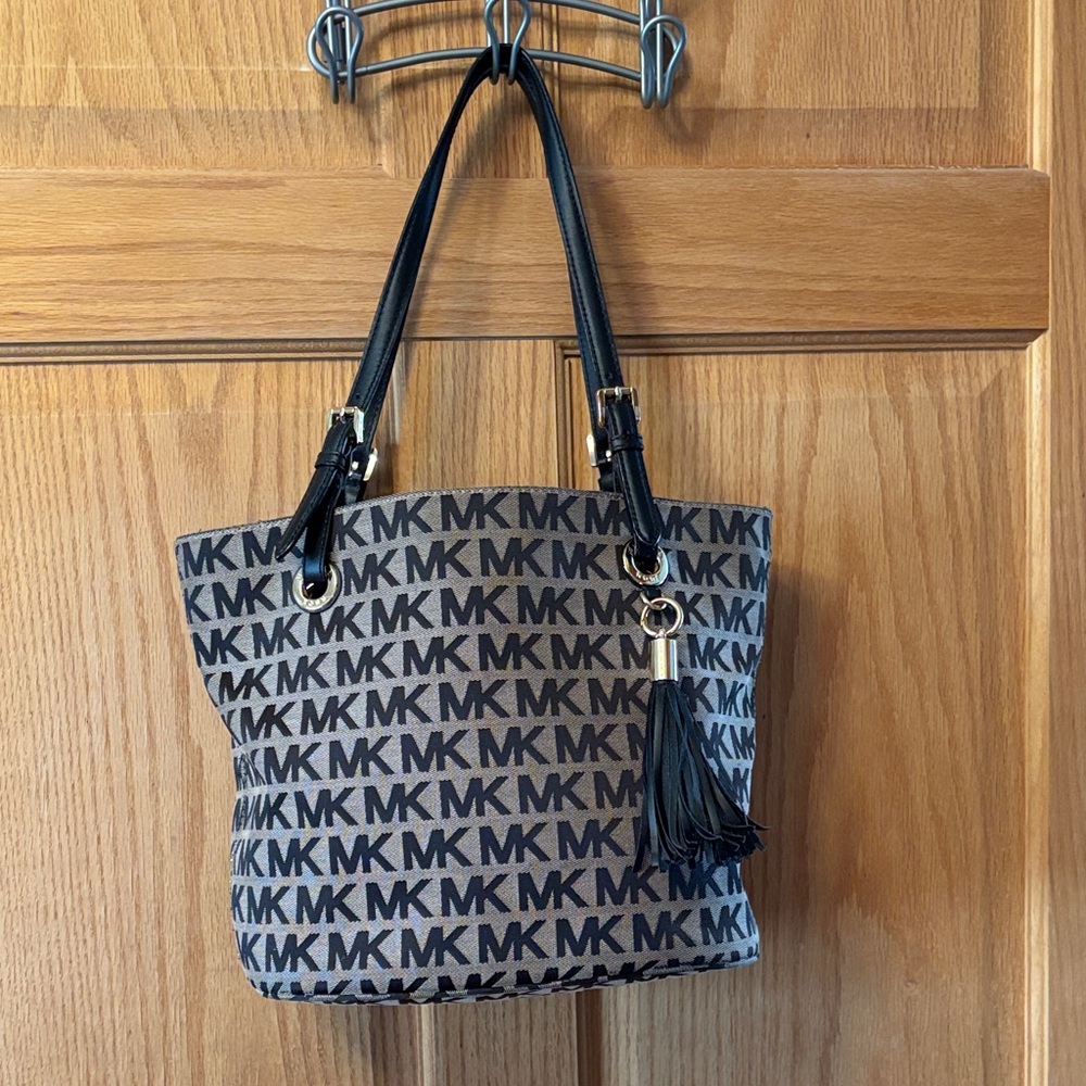 Michael Kors Black and Brown MK Logo Tote with Tassel